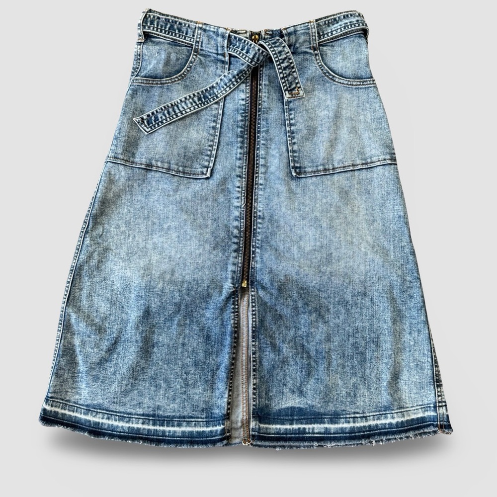 Belle & Sky Denim Raw Hem Vintage Wash Midi A Line Jean Skirt sz2
